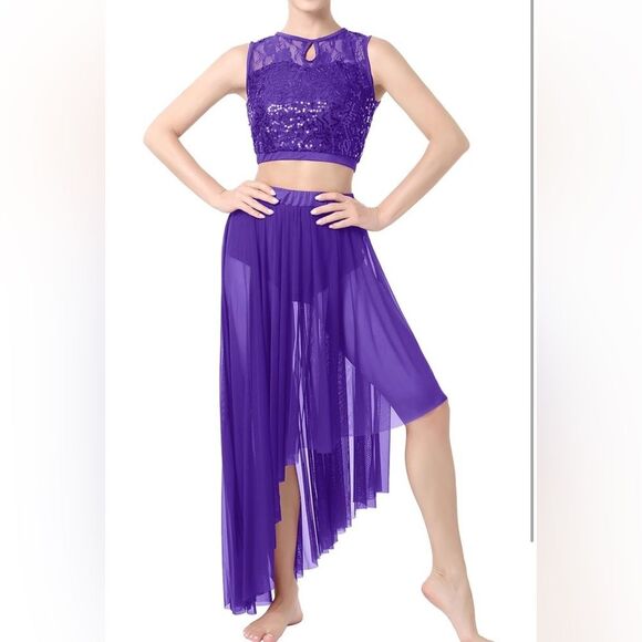 Women's Sequin Lace Floral Crop Top Asymmetrical Flowy Mesh Tulle Skirt SET NWT - Picture 3 of 7